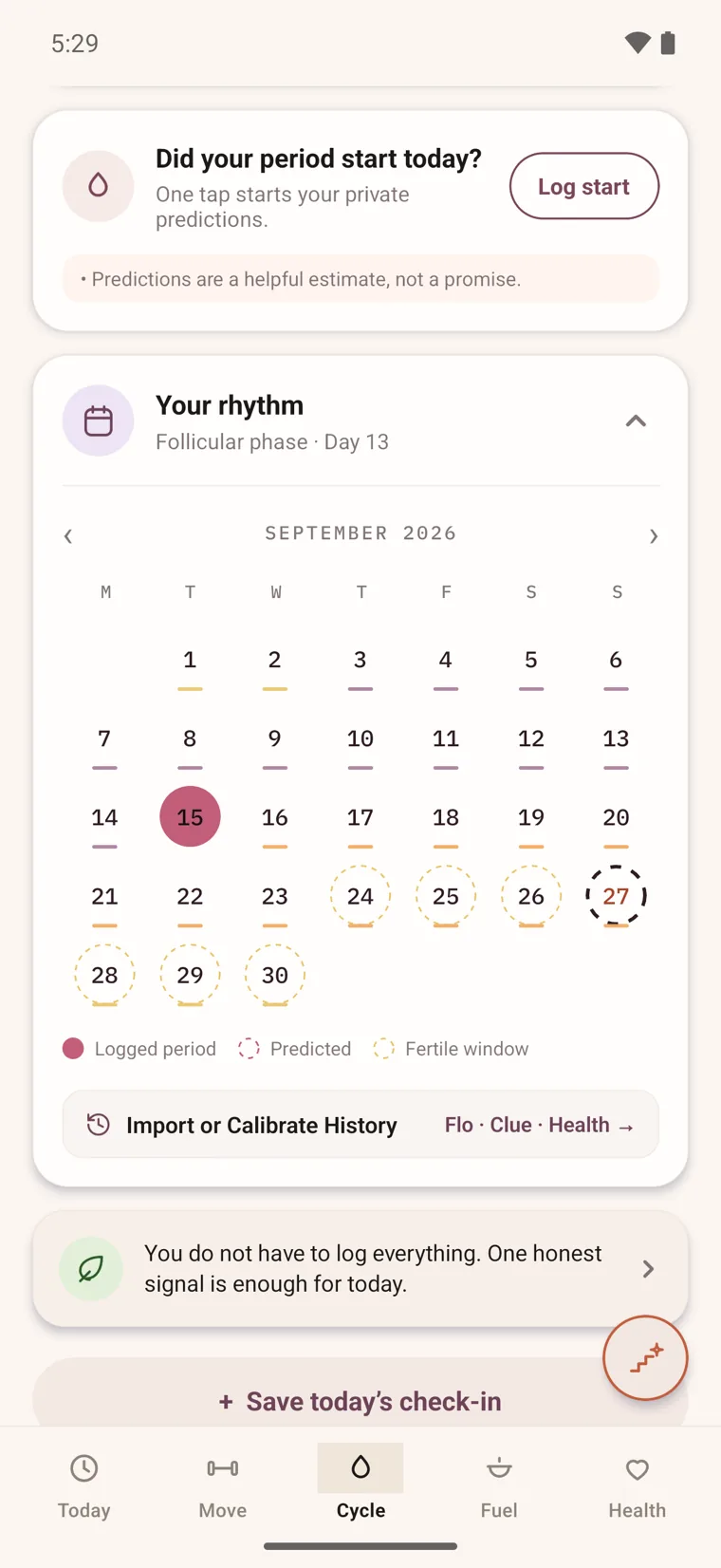 Cycle, Dawn: day 13, follicular, the cycle persona's calendar of logged days.
